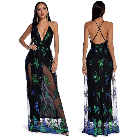Abito Lungo da Donna Sexy Scollo a V Profondo Ricamo Paillettes Spalline Sottili Incrocio Dietro Spacco Rete Sera