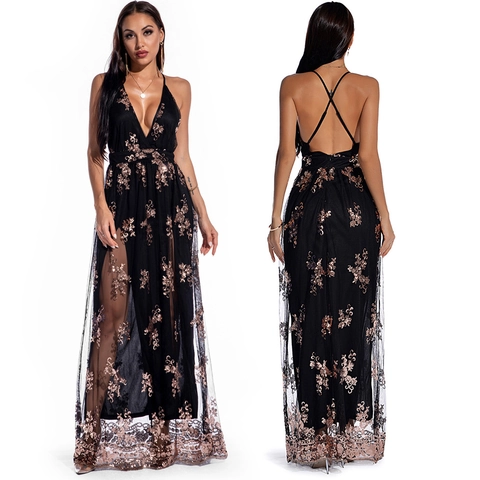 Abito Lungo da Donna Sexy Scollo a V Profondo Ricamo Paillettes Spalline Sottili Incrocio Dietro Spacco Rete Sera