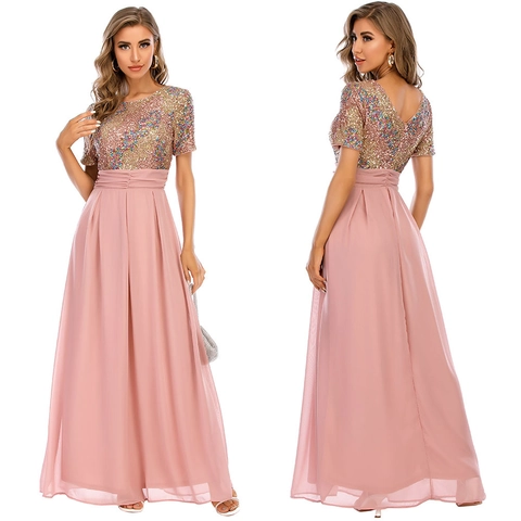Abito Lungo da Donna Sexy con Patchwork di Paillettes e Chiffon Manica Corta Girocollo V-Back Vita Alta Elegante da Sera
