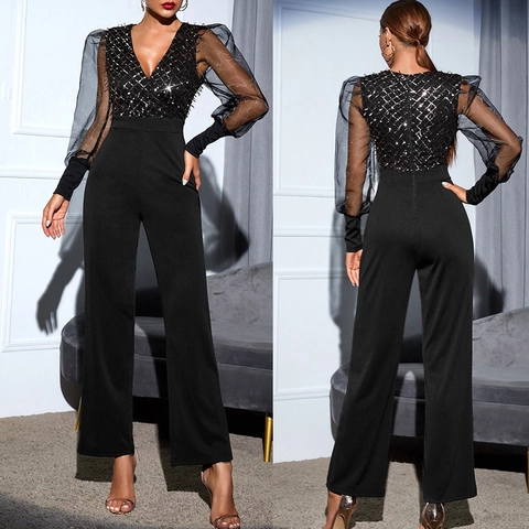 Combinaison Sexy pour Femmes Patchwork de Paillettes Col en V Profond Manches Bouffantes en Maille Taille Haute Jambe Large Pantalon Long Élégant Fête Banquet Noir