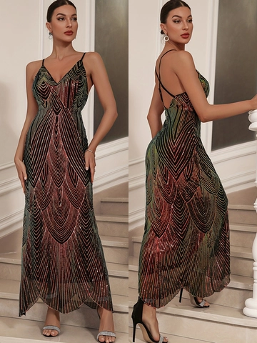 Abito Lungo da Donna Sexy con Schiena Scoperta e Paillettes Scollo a V Spalline Sottili Motivo Geometrico Abito da Sera