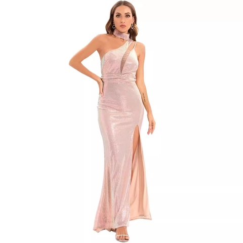 Abito da Sera Lungo a Sirena con Paillettes Sexy da Donna con Spacco Alto e Patchwork in Rete Monospalla Formale