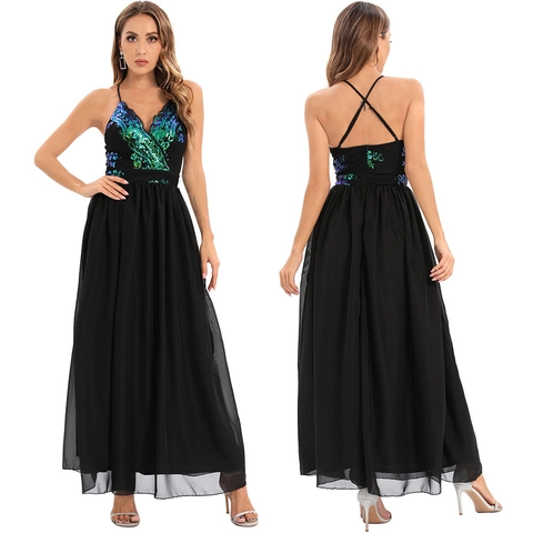 Women Sexy Backless Sequin Maxi Dress Chiffon V Neck Cross Straps Elegant Evening Party Formal Banquet Long Gown Nightwear