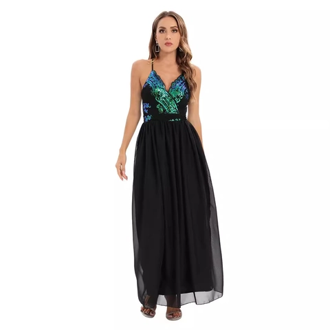 Women Sexy Backless Sequin Maxi Dress Chiffon V Neck Cross Straps Elegant Evening Party Formal Banquet Long Gown Nightwear