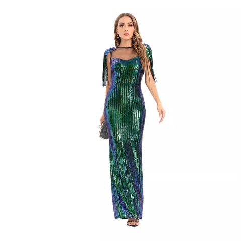 Sexy Ärmellose Pailletten Maxi Abendkleid Mit Fransen Mesh Spleiß Bodycon Fischschwanz Partykleid Für Damen Formelles Kleid