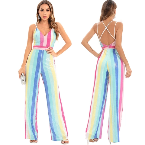 Combinaison Sexy Femme à Rayures Arc en Ciel Pailletée Col en V Bretelles Spaghetti Dos Nu Jambe Large Pantalon Long Tenues de Fête