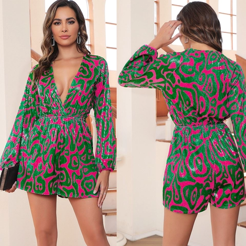 Dames Sexy Diepe V-hals Lange Mouwen Pailletten Romper Abstract Patroon Meerkleurig Gestreepte Party Jumpsuit Clubwear