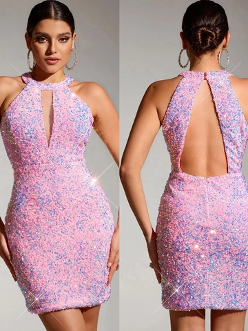 Sexy Pink Sequin Halter Backless Mini Dress For Women Bodycon Party Club Night Evening Short Dress Sleeveless Vestidos