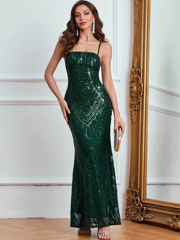 Vestido de Noche Sexy con Lentejuelas Espalda Descubierta Verde Esmeralda Silueta Sirena Tirantes Spaghetti Fiesta Boda Vestido Maxi Mujer
