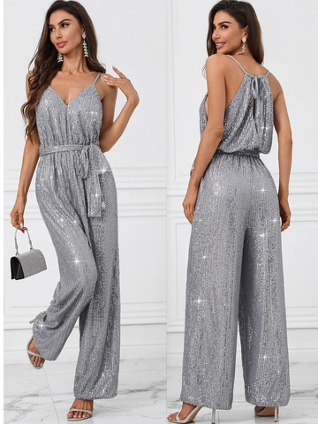 Women Sexy Silver Sequin Jumpsuit Deep V-Neck Spaghetti Straps Wide Leg Backless Evening Party Jumpsuit Metallic Clubwear
