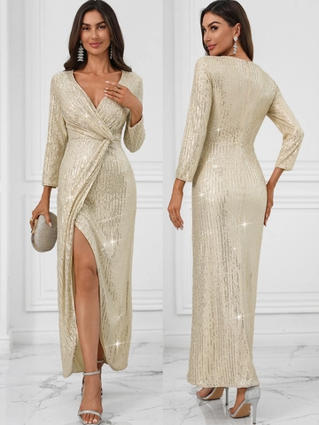 Vestido Largo Sexy para Mujer con Escote en V Profundo y Lentejuelas Manga Larga Abertura Alta Elegante Ajustado para Fiesta de Noche Banquete Oro Champán