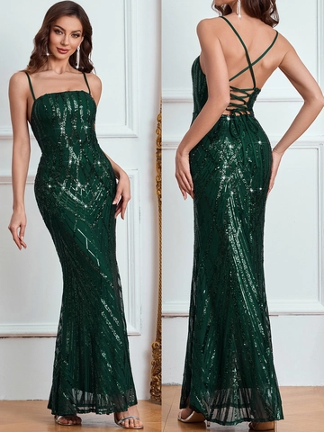 Vestido de Noche Sexy con Lentejuelas Espalda Descubierta Verde Esmeralda Silueta Sirena Tirantes Spaghetti Fiesta Boda Vestido Maxi Mujer