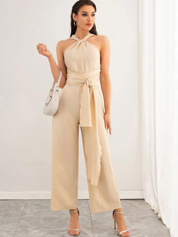 Women Sexy Halter Neck Jumpsuit Backless Wide Leg Solid Color Belted Summer Casual Sleeveless Long Jumpsuit