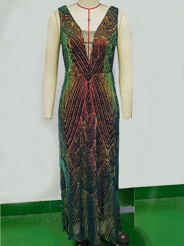 Sexy Rugloos Diepe V-Hals Pailletten Maxi Jurk Voor Dames Vintage Geometrisch Patroon Elegante Party Avondjurk Gala Jurk