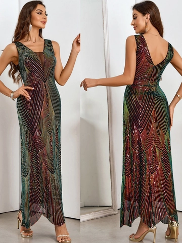 Sexy Rugloos Diepe V-Hals Pailletten Maxi Jurk Voor Dames Vintage Geometrisch Patroon Elegante Party Avondjurk Gala Jurk