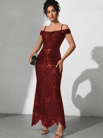 Damen Schulterfrei Pailletten Abendkleid Slim Fit Spaghettiträger Meerjungfrau Maxi Kleid Für Abschlussball Party Hochzeitsgast