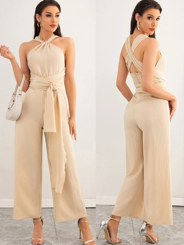 Women Sexy Halter Neck Jumpsuit Backless Wide Leg Solid Color Belted Summer Casual Sleeveless Long Jumpsuit