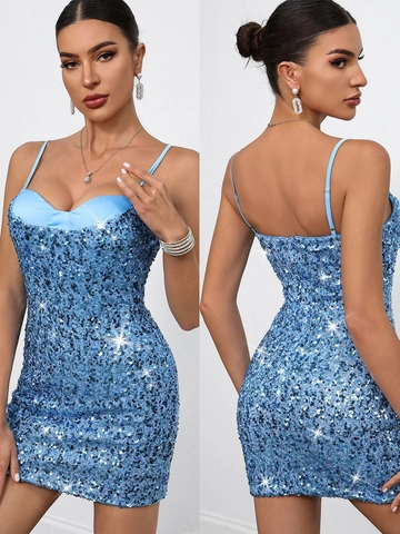 Dames Sexy Lichtblauw Pailletten Camisole Mini Jurk V-hals Mouwloos Bodycon Sprankelend Elegant Party Cocktail Avondjurk