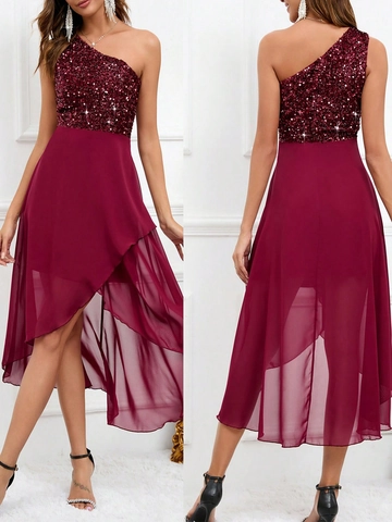 Vestito da Donna Sexy Monospalla con Paillettes Patchwork Chiffon Rosso Vino Alto-Basso Asimmetrico Sera Festa Matrimonio