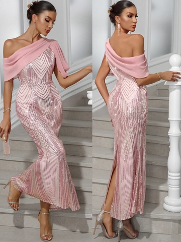 Robe de Soirée Sirène Sexy à Une Épaule pour Femme avec Paillettes Patchwork en Mousseline de Soie Robe de Bal Longue