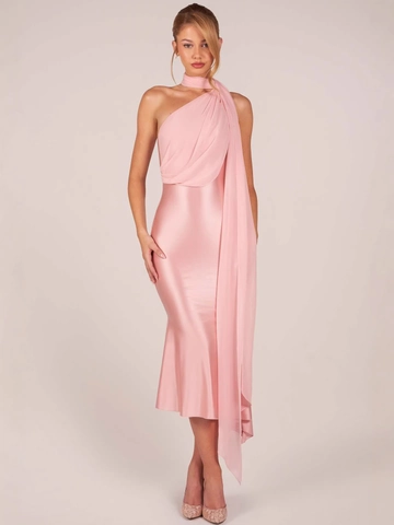 Elegant Pink Satin Halter Neck Bodycon Dress Women Sexy Mermaid Hem Streamer Midi Evening Dress For Party Formal Events