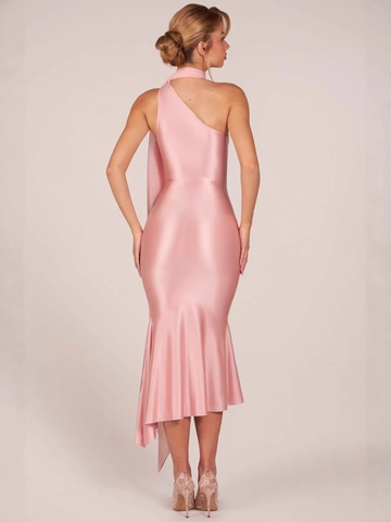 Elegant Pink Satin Halter Neck Bodycon Dress Women Sexy Mermaid Hem Streamer Midi Evening Dress For Party Formal Events