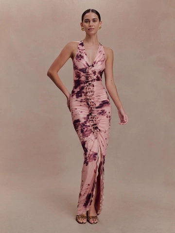 Damen Sexy Neckholder Gerafftes Maxi Kleid Mit 3D Blume Hohem Schlitz Rückenfrei Slim Fit Batik Party Langes Kleid