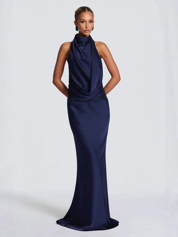 Vrouwen Halter Watervalhals Maxi Jurk Rugloos Satijn Pailletten Taille Bodycon Avondfeestjurk Elegante Vloerlengte Avondjurk
