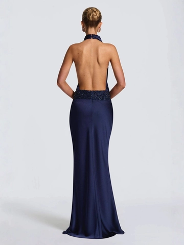 Vrouwen Halter Watervalhals Maxi Jurk Rugloos Satijn Pailletten Taille Bodycon Avondfeestjurk Elegante Vloerlengte Avondjurk