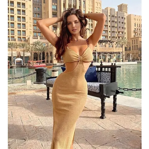 Women Sexy Backless Cut-out Knit Maxi Dress Bodycon Beach Vacation Party Long Dress With Chain Straps Solid Color