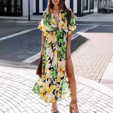 Bohemian Floral Print V Neck Maxi Dress Sexy High Split Short Sleeve Vacation Beach Party Long Dress For Women Polyester