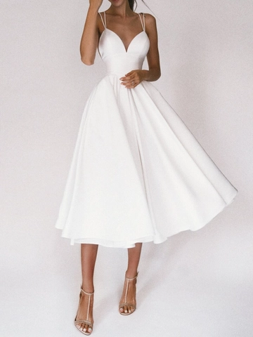 Damen Sexy V-Ausschnitt Spaghettiträger Midi Kleid Satin Look Rückenfrei A-Linie Großer Schwung Party Abschlussball Abendkleid