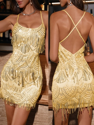 Σέξι Μίνι Φόρεμα με Πούλιες και Φούντες Spaghetti Strap Εξώπλατο Bodycon Για Γυναίκες Λαμπερό Κομψό Φόρεμα Πάρτι Βραδινό Clubwear Γενεθλίων