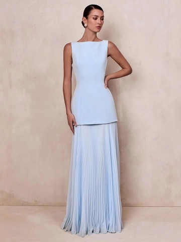 Damen Elegant Einfarbig Plissiert Ärmellos Maxi Kleid Schlanke Passform U-Boot-Ausschnitt Abend Party A-Linie Langes Kleid