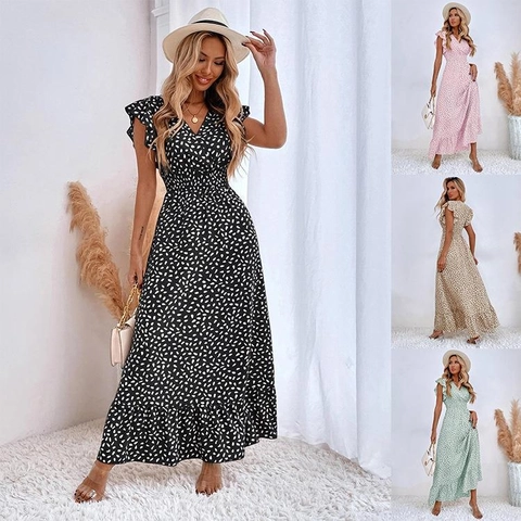 Vestido Maxi para Mujer Cuello en V Cintura Fruncida Volantes Estampado Floral Lunares Manga Mariposa Bohemio Verano Casual