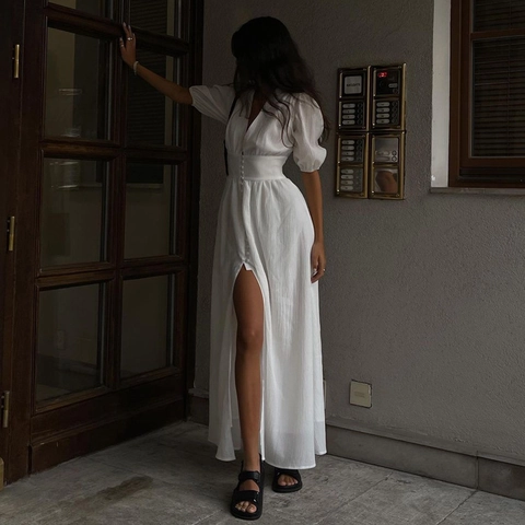 Women French Vintage V Neck Puff Sleeve Button Up Front Slit Maxi Dress Slim Fit Elegant Solid Color Evening Party Dress
