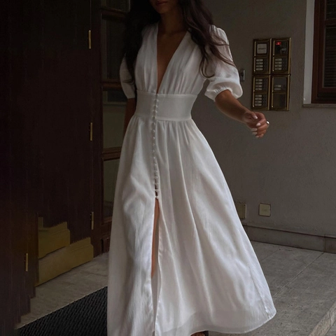 Women French Vintage V Neck Puff Sleeve Button Up Front Slit Maxi Dress Slim Fit Elegant Solid Color Evening Party Dress