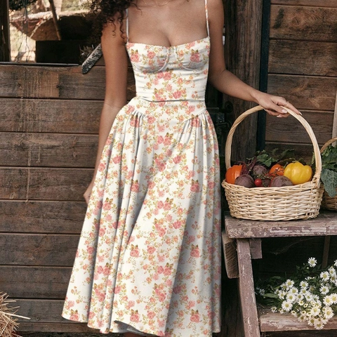 Abito Midi da Donna Sexy Bustier Sottoveste Stile Country Francese Floreale Slim Fit Linea A Estivo Con Tasche