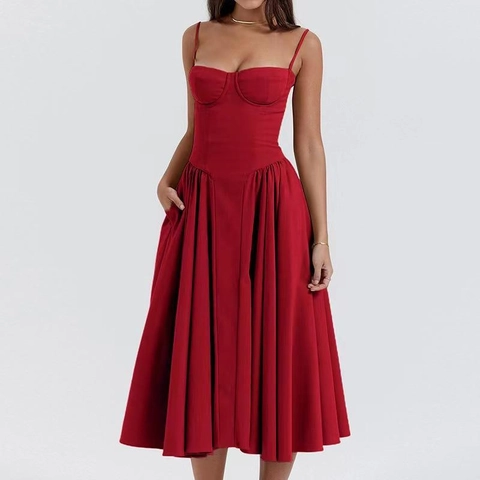 Abito Midi da Donna Sexy Bustier Sottoveste Stile Country Francese Floreale Slim Fit Linea A Estivo Con Tasche