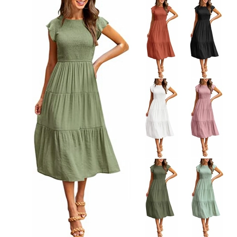 Damen Sommer Gesmocktes Gestuftes Midi Kleid Rüschen Flügelärmel Rundhals Lässig Locker Einfarbig Boho Urlaub Strandkleid