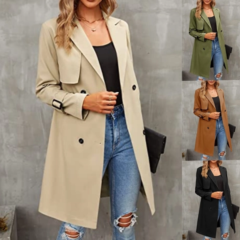Klassieke Double-breasted Trenchcoat voor Dames Half Lang Elegant Revers Slim Fit Windjack Overjas Met Riem