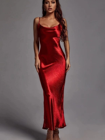 Women Elegant Cowl Neck Satin Maxi Dress Spaghetti Strap Backless Slim Fit Solid Color Party Evening Prom Gown