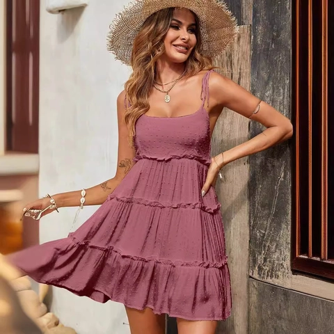 Damen Sommer Swiss Dot Gestuftes Minikleid Spaghettiträger Cami Boho Rüschen Strand Urlaub A-Linie Ärmelloses Partykleid