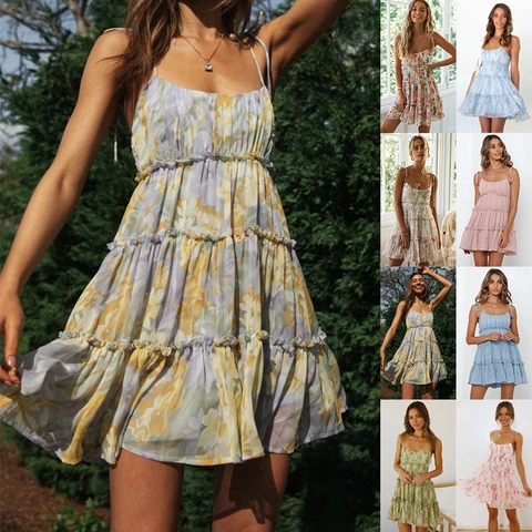Women's Summer Floral Tiered Mini Dress Spaghetti Strap Ruffle Vacation Beach Sexy Polyester Sleeveless A-Line Sun Dress
