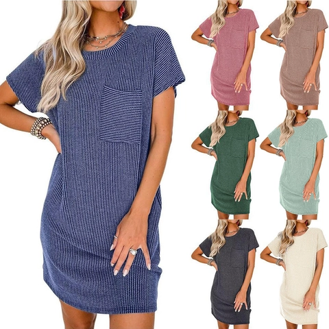 Vestido Camisero Casual de Punto Acanalado para Mujer de Manga Corta Con Bolsillo Cuello Redondo Mini Vestido Suelto