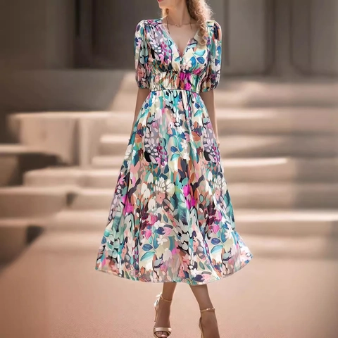 Women Elegant V-Neck Floral Geometric Print Maxi Dress Casual High Waist Puff Short Sleeve A-Line Vacation Long Dress