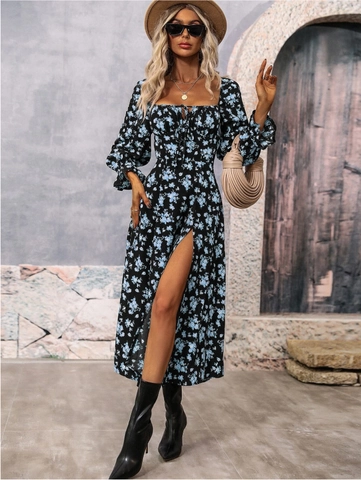 Women's Bohemian Floral Print Long Sleeve Square Neck Backless Slit Maxi Dress Polyester Blend Fashion Casual Dress