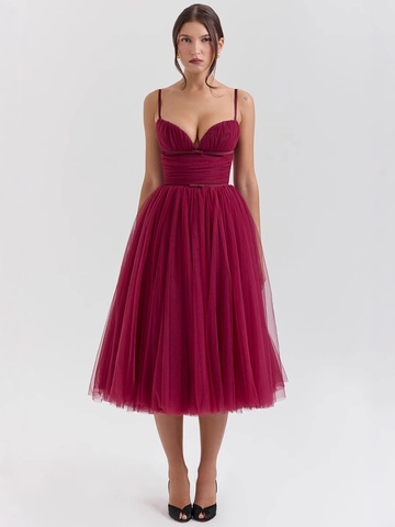 Damen Sexy Rückenfrei Netzgewebe Midikleid Elegant Spaghettiträger Tüll Party Abendkleid Ballkleid Weihnachtsbankett Einfarbiges Kleid