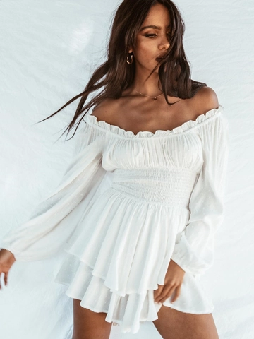 Vrouwen Off Shoulder Romper Lange Lantaarnmouw Ruffles Swiss Dot Jumpsuit Gesmokte Taille Casual Strand Mini Playsuit