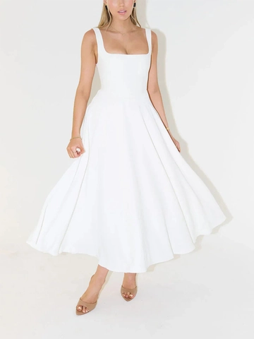 Abito Midi Elegante Scollo Quadrato Senza Maniche Linea A Donna Sexy Schiena Scoperta Vita Alta Estivo Colore Solido Festa